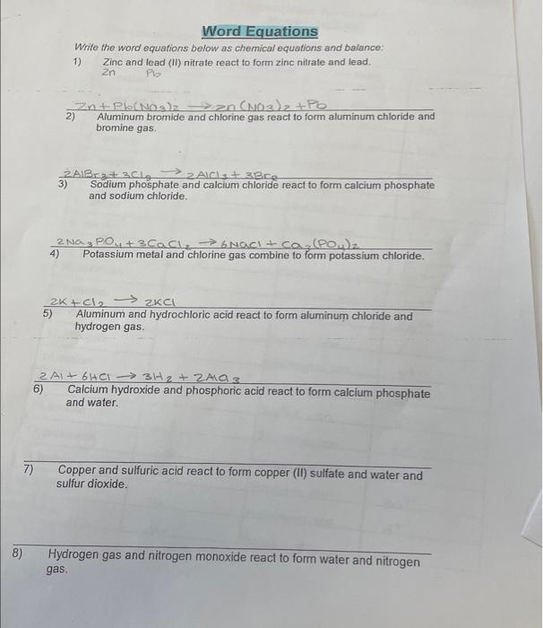 Solved Write the word equations below as chemical equations