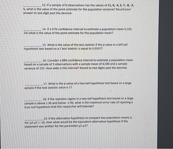 Solved 13. If a sample of 8 observations has the values of | Chegg.com