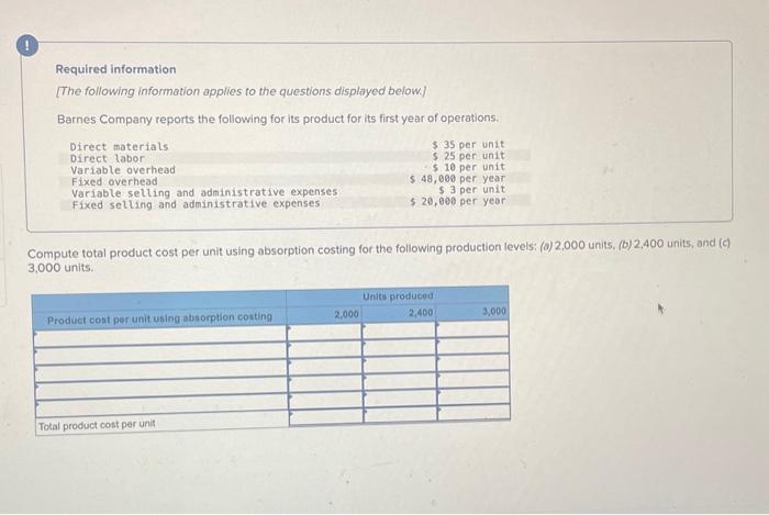 Solved Barnes Company Reports The Following For Its Product | Chegg.com