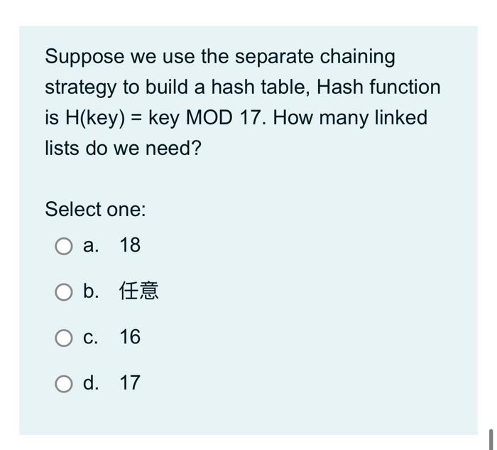 Suppose we use the separate chaining strategy to build a hash table, Hash function is \( \mathrm{H} \) (key) = key MOD 17. Ho