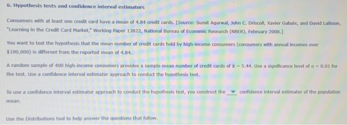 Solved 6. Hypothesis tests and confidence interval | Chegg.com