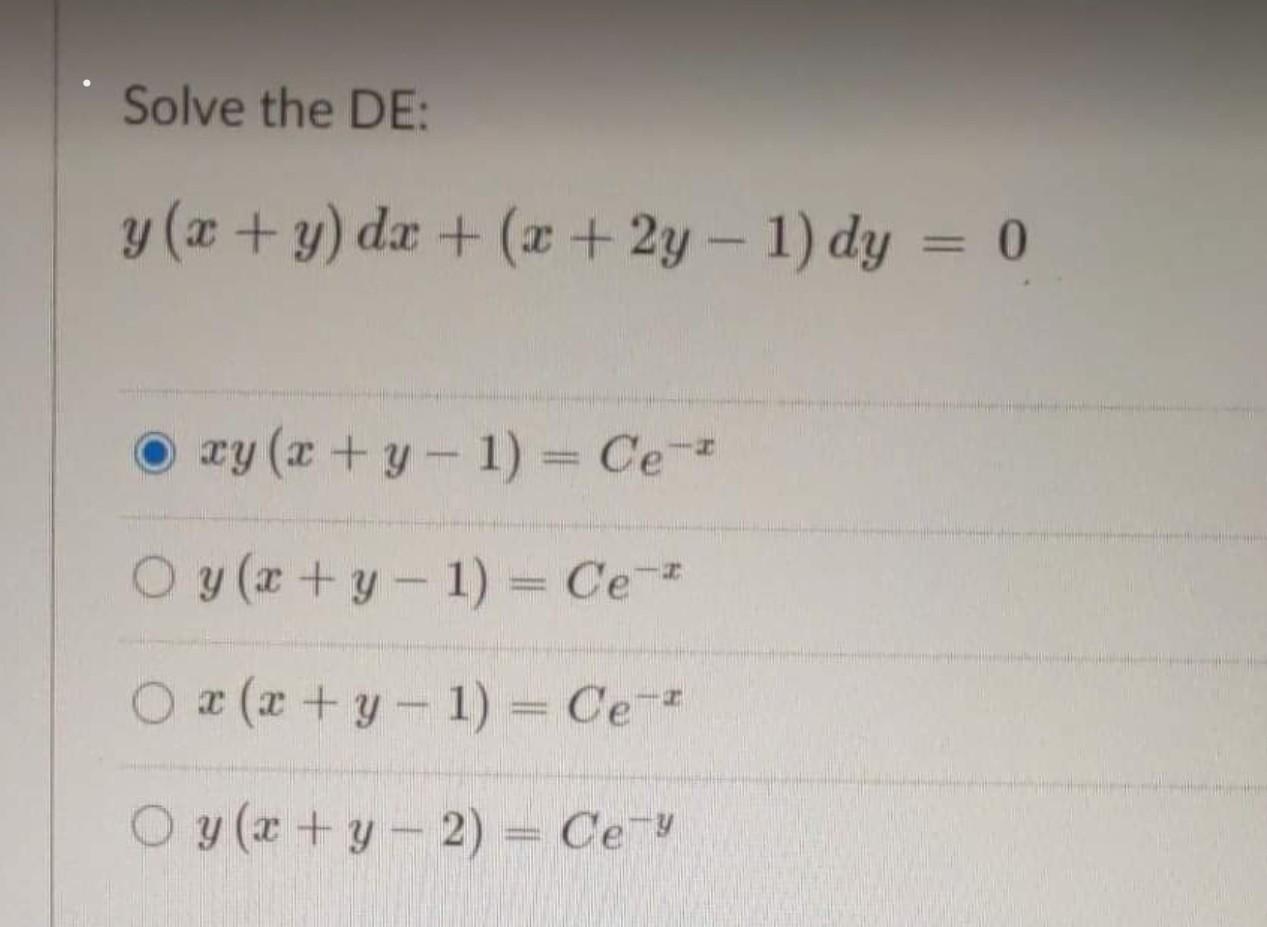 Solved Solve The De Y X Y Dx X 2y 1 Dy 0 My Chegg Com