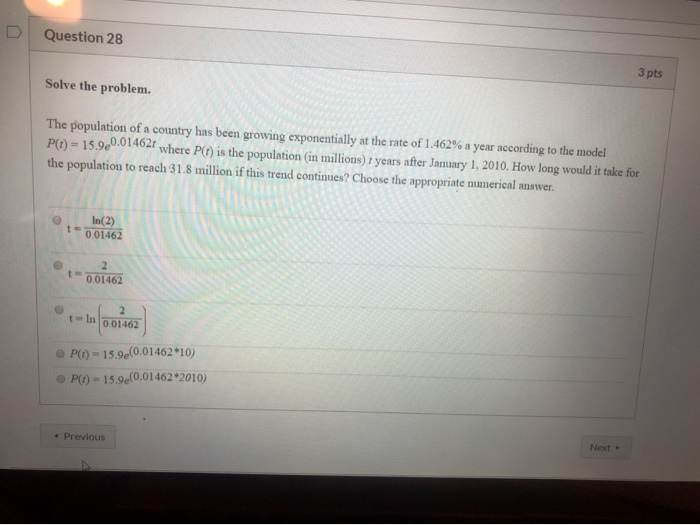 Solved Question 28 3 pts Solve the problem. The population | Chegg.com