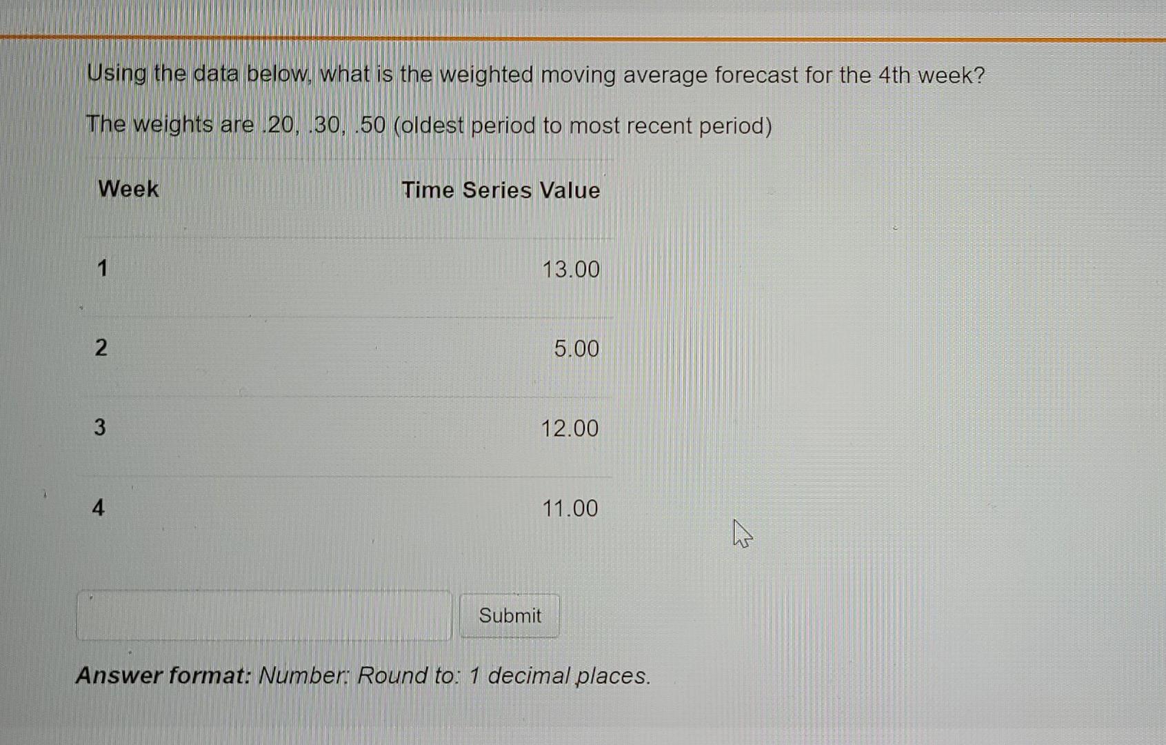Solved Using the data below, what is the weighted moving | Chegg.com