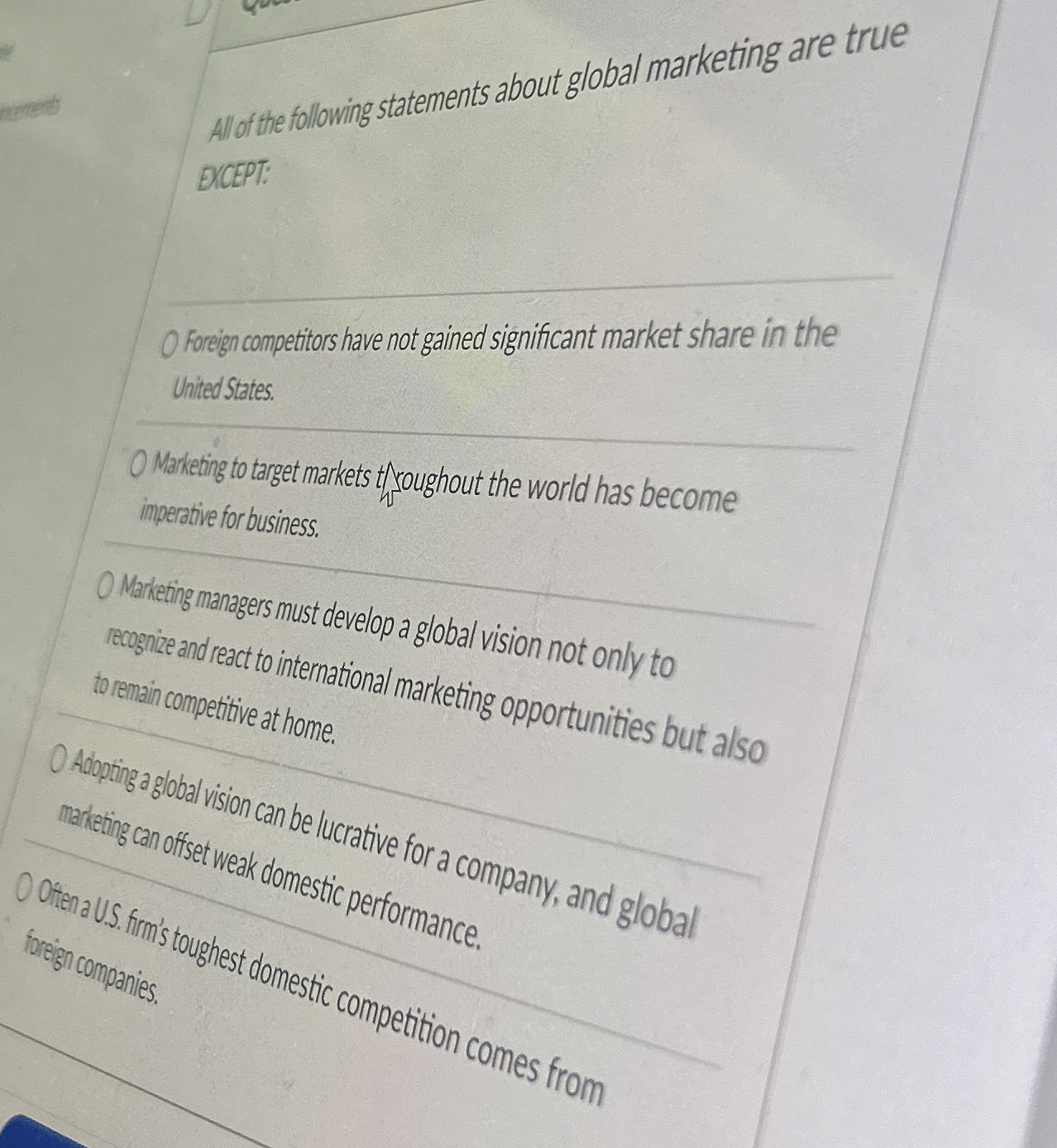 Solved Allof the following statements about global marketing | Chegg.com