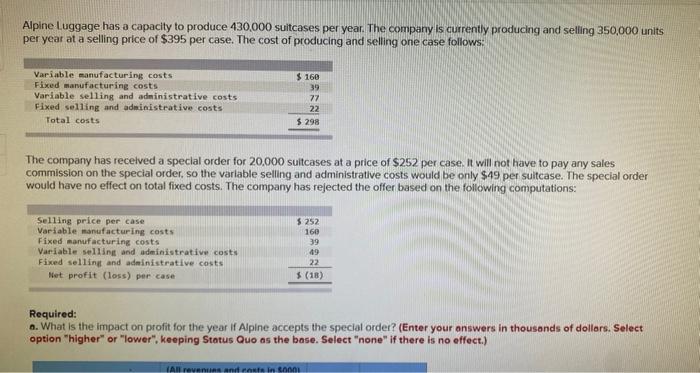 Solved Alpine Luggage has a capacity to produce 430,000 | Chegg.com