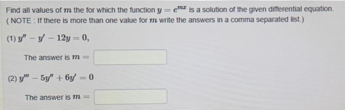 Solved Find all values of m the for which the function y=emx | Chegg.com