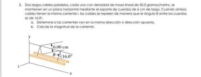 3. Dos largos cables paralelos, cada uno con densidad de masa lineal de 50.0 gramos/metro, se mantienen en un plano horizonta