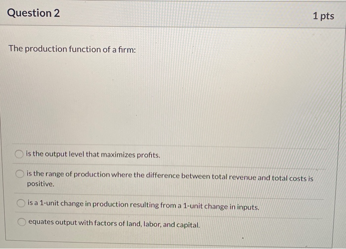 Solved Question 2 1 pts The production function of a firm: | Chegg.com