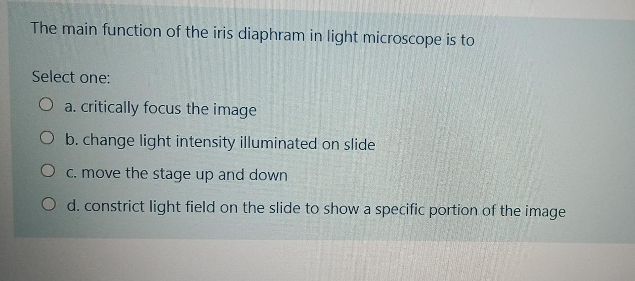 Solved The main function of the iris diaphram in light