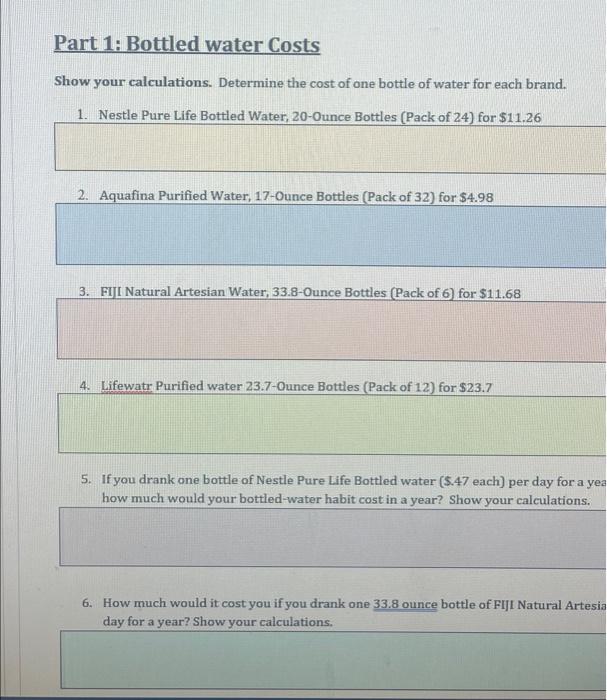 Solved Part 1 Bottled water Costs Show your calculations.