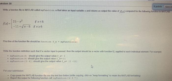 Solved aestion 30 6 points Save A Write a function file in | Chegg.com