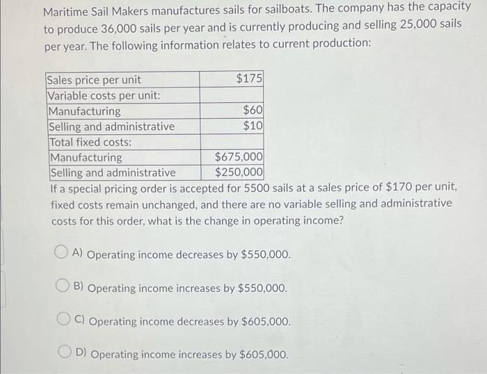 Solved Maritime Sail Makers manufactures sails for