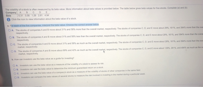 Solved The volatility of a stock is often measured by its | Chegg.com