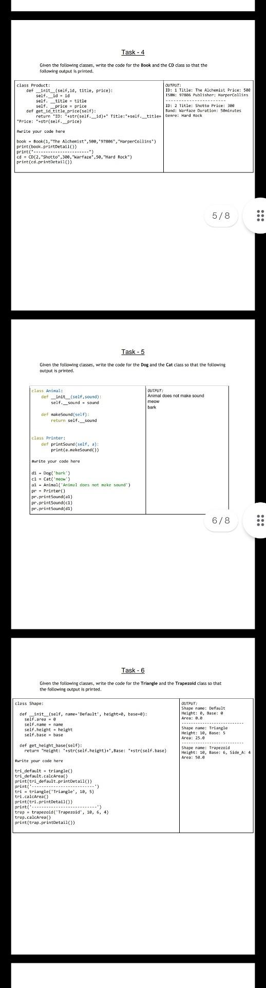 Solved Task - 4 Given the following classes, write the code | Chegg.com