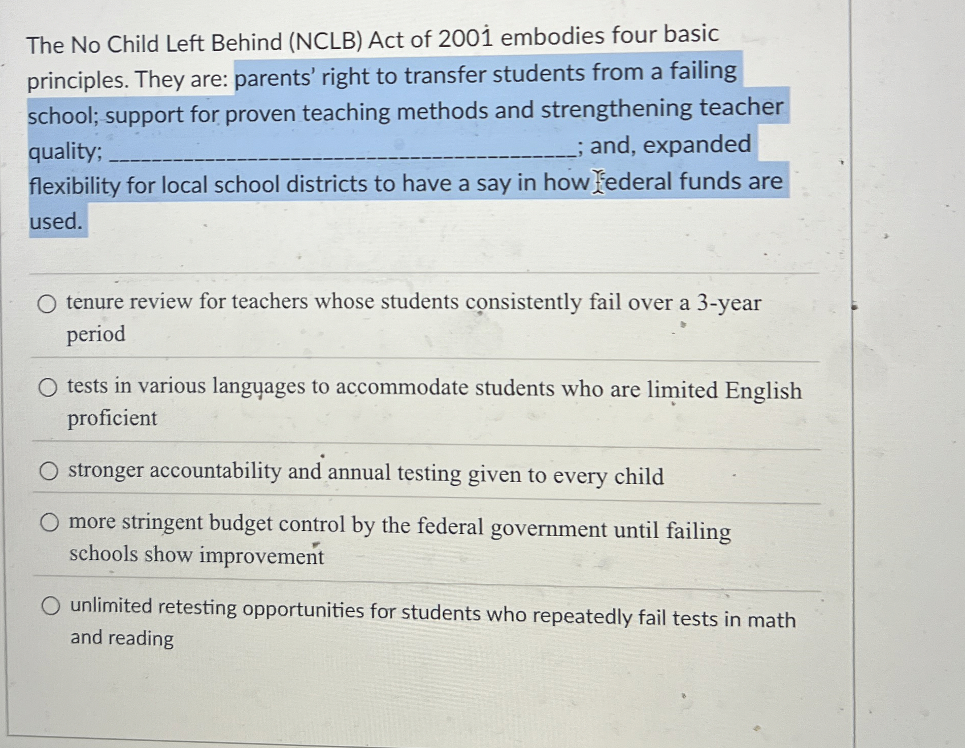 Solved The No Child Left Behind (NCLB) ﻿Act of 2001 | Chegg.com