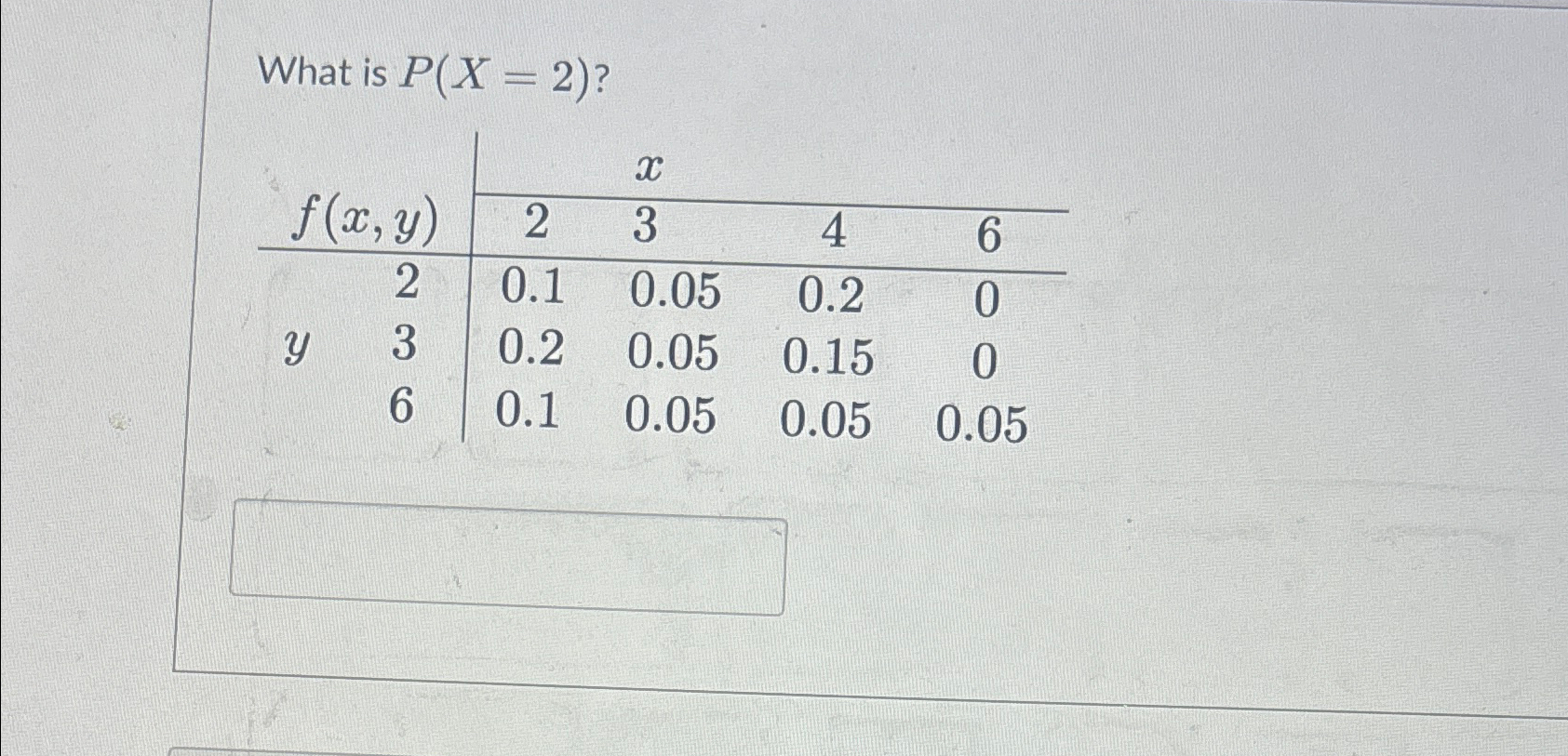 Solved What is P(x=2) ?\table[[f(x,y),x | Chegg.com