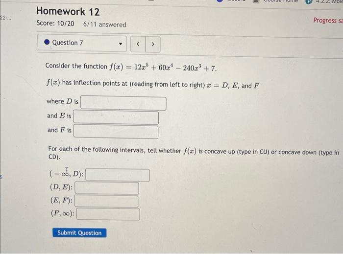 Solved Consider the function f(x)=12x5+60x4−240x3+7. f(x) | Chegg.com