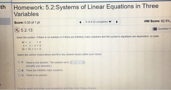 Solved th Homework: 5.2:Systems of Linear Equations in Three | Chegg.com