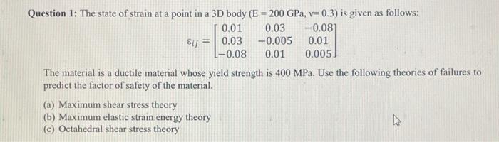 Solved Question 1: The state of strain at a point in a 3D | Chegg.com