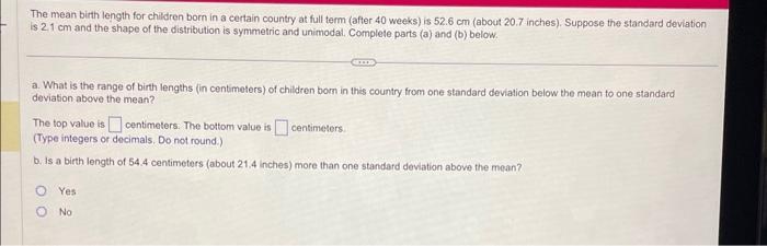 Solved The mean birth length for children born in a certain | Chegg.com