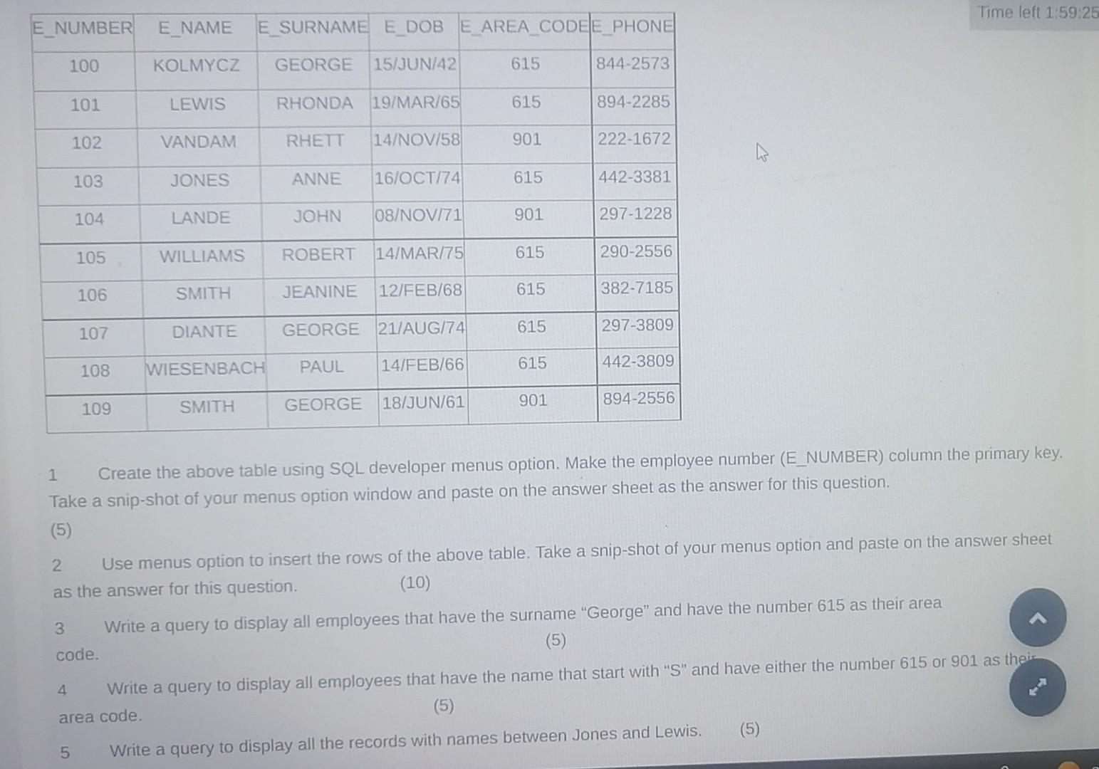 Solved 1 Create the above table using SQL developer menus | Chegg.com
