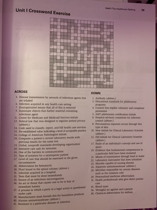 Solved Unit I Crossword Exercise Unit The Healthcare Setting Chegg com