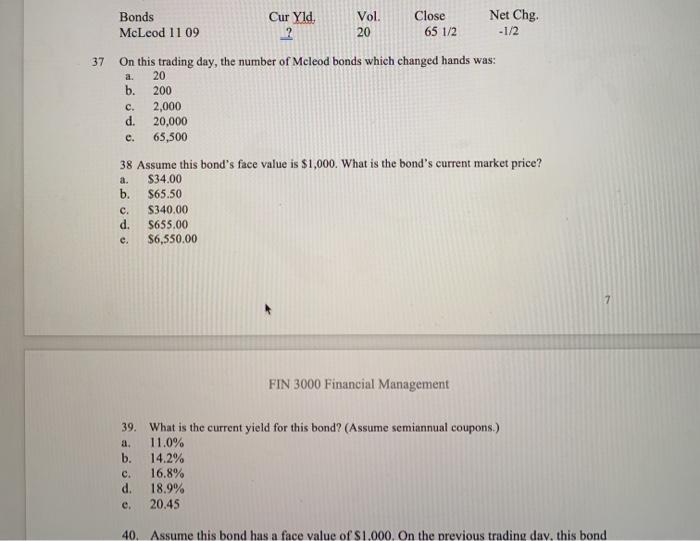 Solved 37 a. c. Bonds Cur Yld Vol. Close Net Chg McLeod 11 Chegg