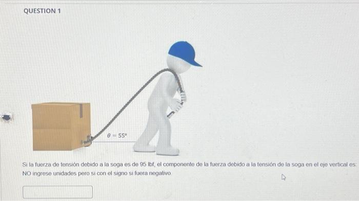 Si la fuerza de tensión debido a la soga es de 95 lbf, el componente de la fuerza debido a la tensión de la soga en el eje ve