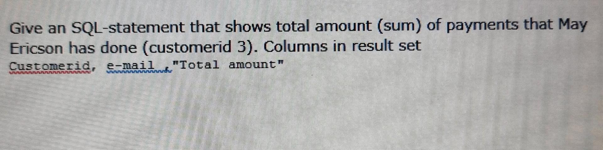 Solved Give an SQL-statement that shows total amount (sum) | Chegg.com