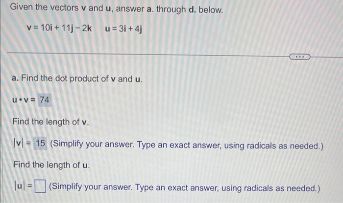 Solved Given the vectors v and u, answer a. through d. | Chegg.com