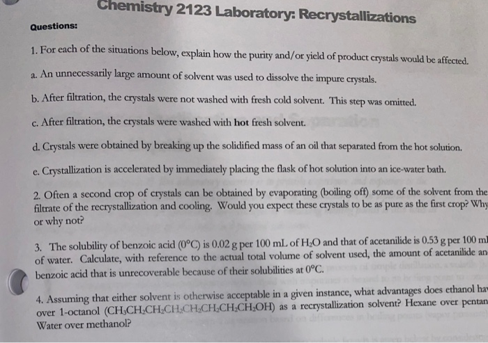 Solved Chemistry 2123 Laboratory: Recrystallizations | Chegg.com