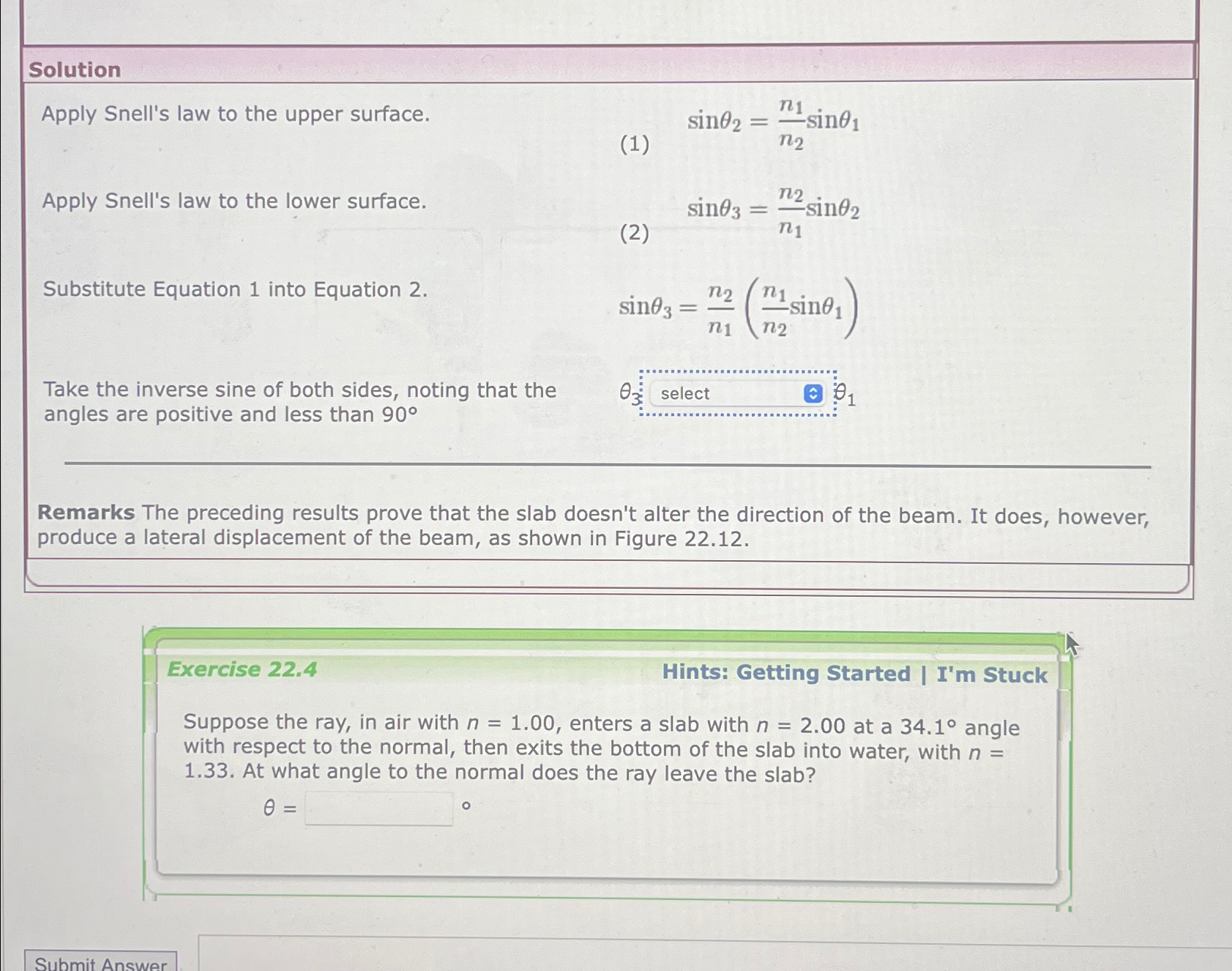 Solved SolutionApply Snell's law to the upper | Chegg.com