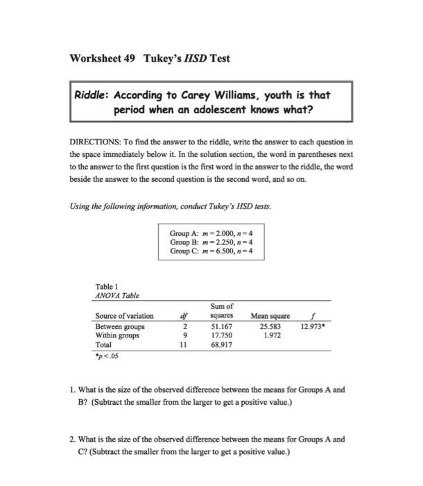 Solved Worksheet 49 Tukey's HSD Test Riddle: According to