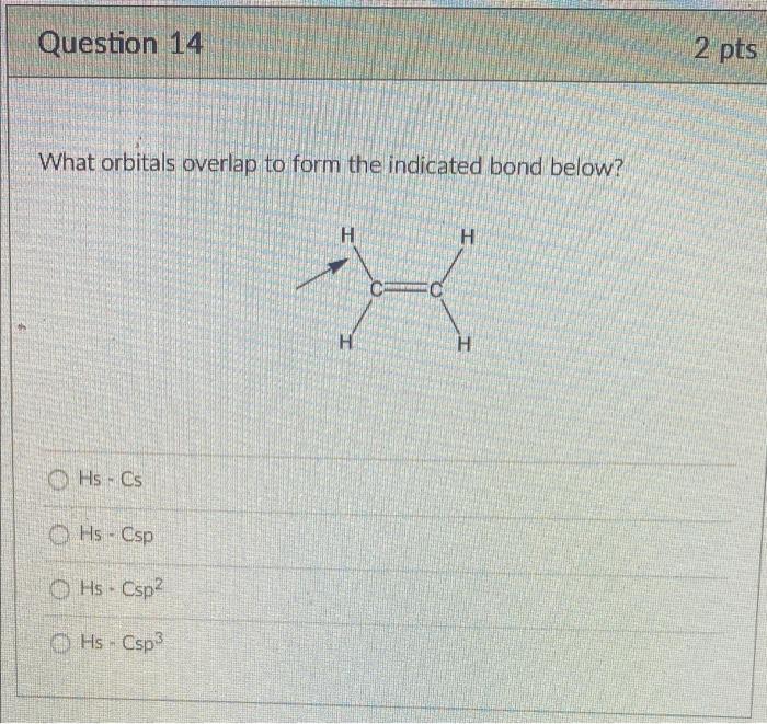Solved Question 14 2 pts What orbitals overlap to form the | Chegg.com