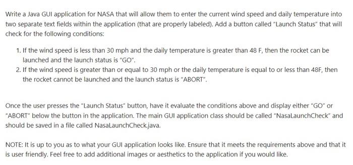 Solved Write a Java GUI application for NASA that will allow | Chegg.com