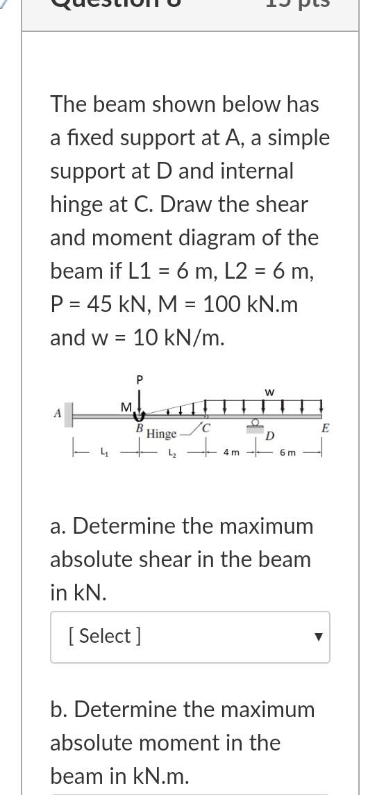 Solved The beam shown below has a fixed support at A, a | Chegg.com