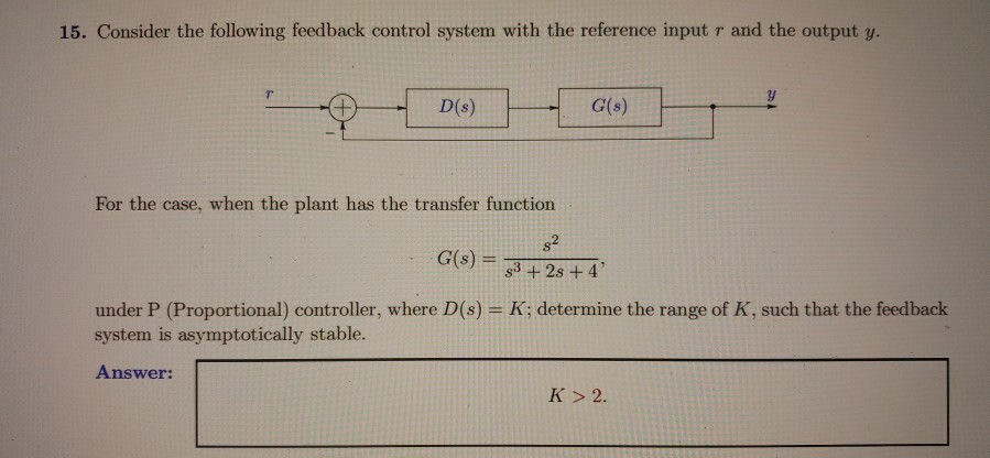 Solved 15. Consider the following feedback control system | Chegg.com