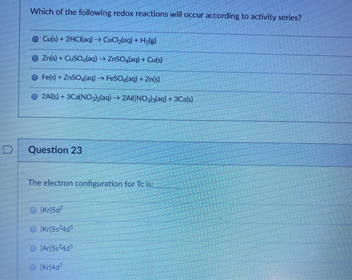 Solved Which of the following redox reactions will occur | Chegg.com