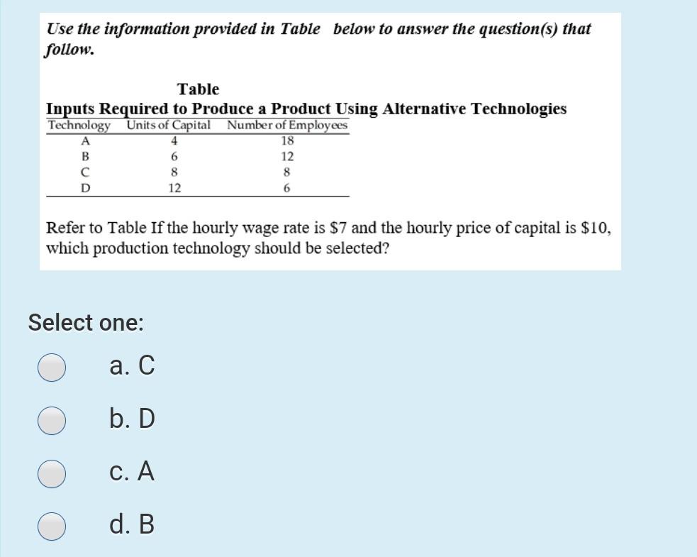 Solved Use the information provided in Table below to answer | Chegg.com