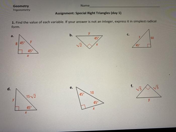 Solved Name Geometry Trigonometry Assignment: Special Right | Chegg.com