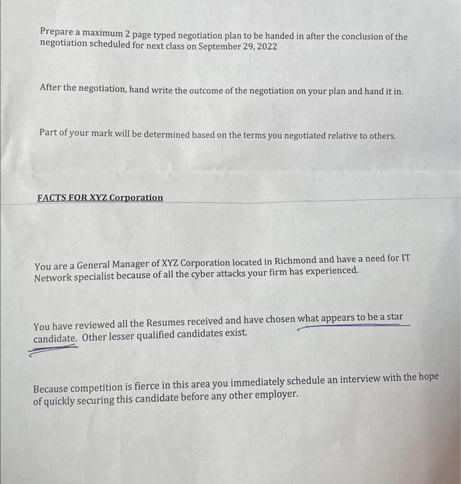 Solved Prepare a maximum 2 page typed negotiation plan to be | Chegg.com