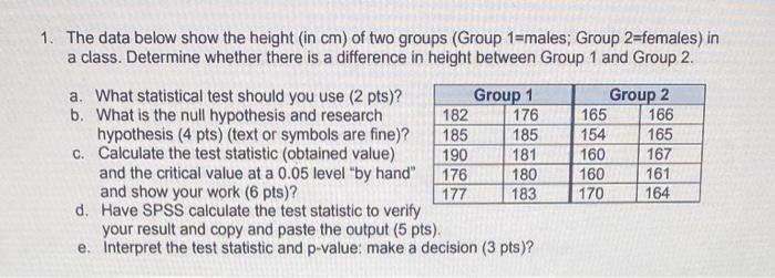 1. The data below show the height (in cm ) of two | Chegg.com