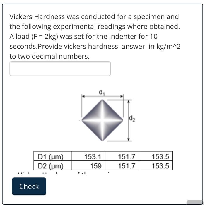 Solved Vickers Hardness Was Conducted For A Specimen And The | Chegg.com