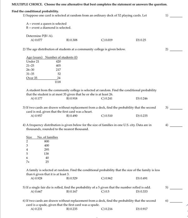 Solved MULTIPLE CHOICE. Choose the one alternative that best | Chegg.com