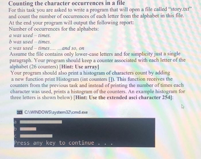 Solved Counting the character occurrences in a file For this | Chegg.com