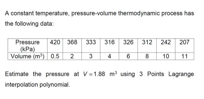 A constant temperature, pressure-volume thermodynamic process has
the following data:
333
316
326
312
242
207
Pressure 420 36