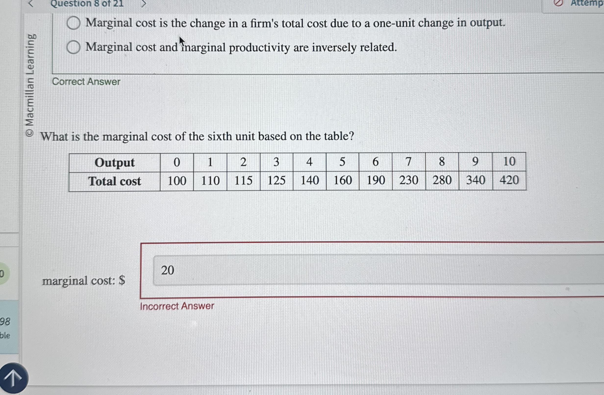 Solved Question 8 ﻿of 21AttempMarginal cost is the change in | Chegg.com