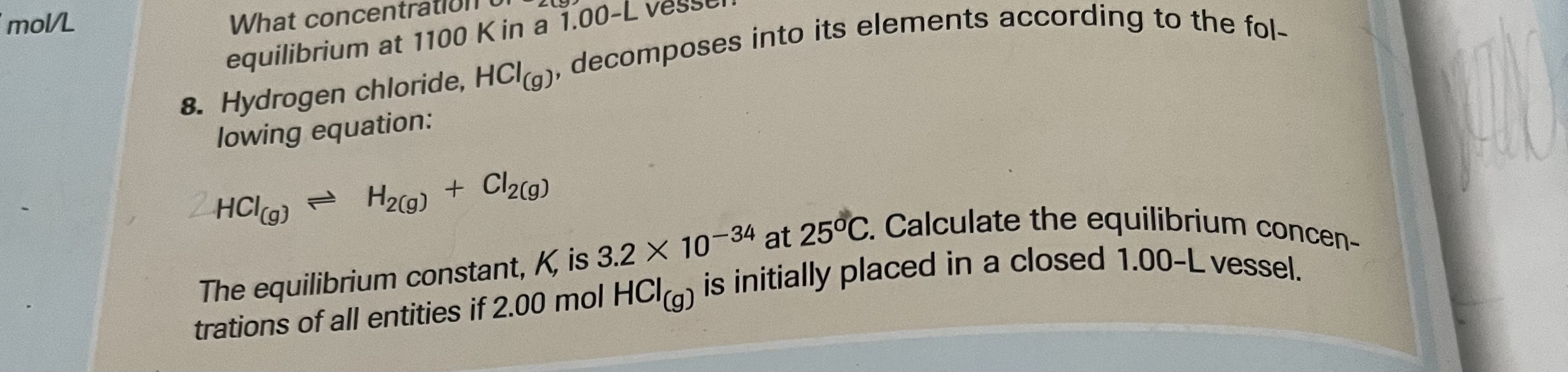 Solved Hydrogen chloride, HCl(g), ﻿decomposes into its | Chegg.com