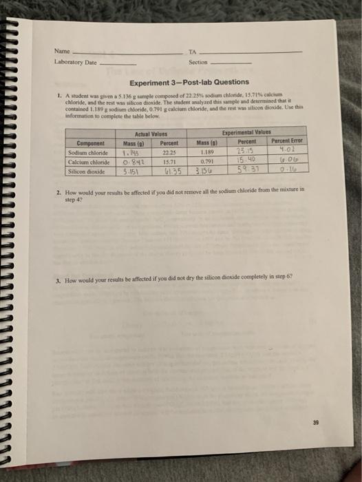 Solved ΤΑ. Name Laboratory Date Section Experiment | Chegg.com